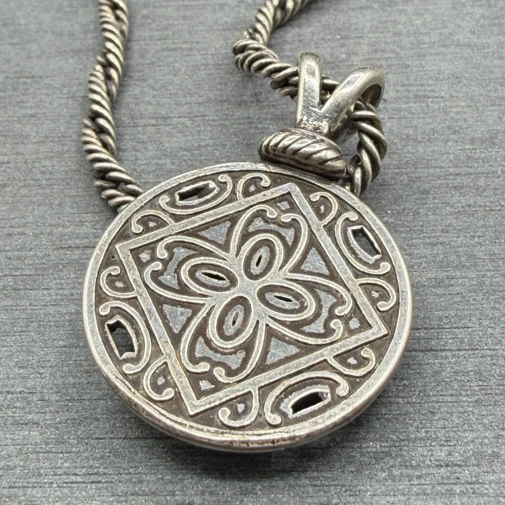 Silver Tone Openwork Floral Medallion Pendant Rope Chain Boho Statement Necklace